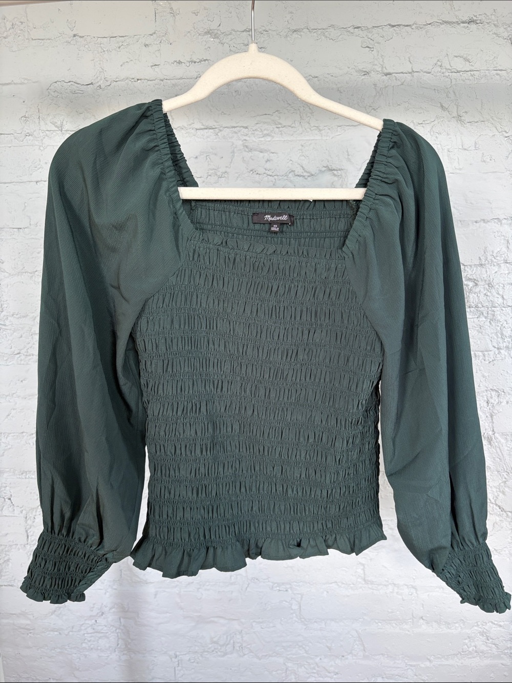 Madewell Forest Green Smocked Square-Neck Blouse